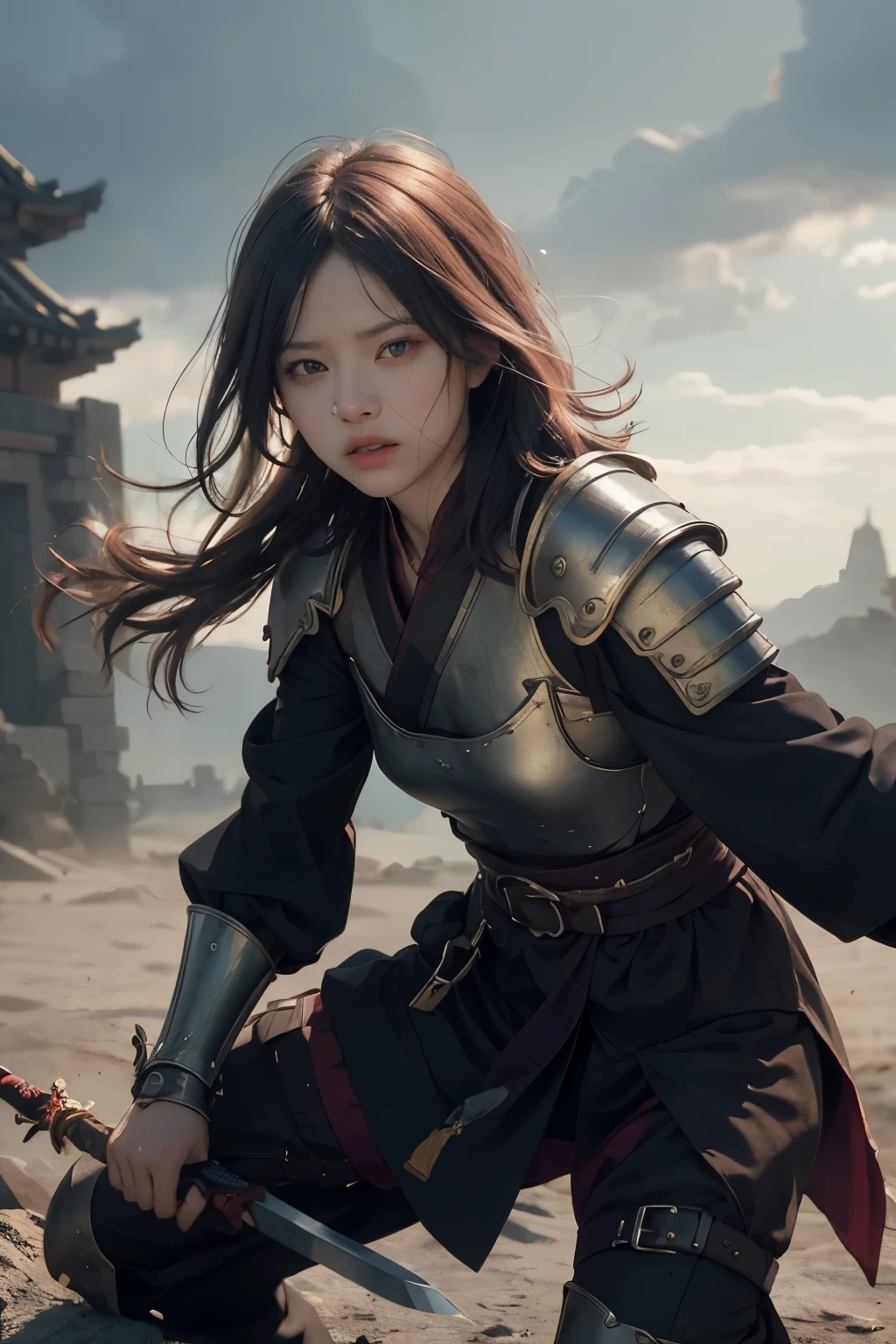 (Positive Focus)、(in the darkness nigth:1)、(beste-Qualit)、(Realisticity:1)、realistic skin textures、Extremely detailled、8k wall paper、volume illumination、Dynamic lighting、babes、black robes、red obi、small amount of armor、armor on the shoulders、Waist protection、hand guard、veils、Holding a short sword in front of you、Ancient Chinese Wind、Escape Action、Run、scape、Chased、 Waist dagger、Semi-crouched attack stance、blood stain、Clothes torn、ancient Chinese battlefield、Group of ancient soldiers chasing and killing、Flying arrows、war、nights、dramatic compositions、sayaairie、