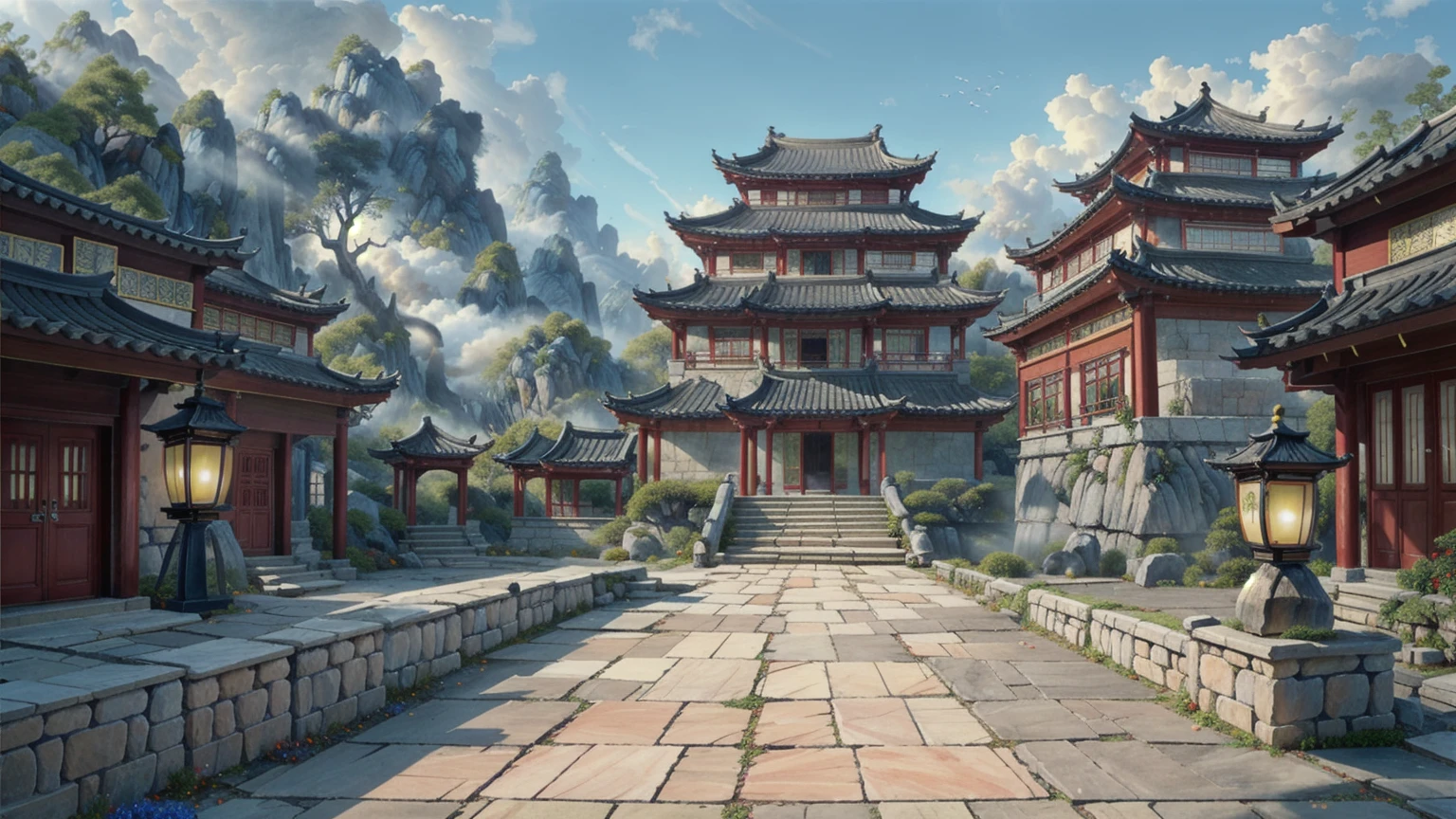 中国Ink画,  masterpiece , best quality, Ink画，Guo Chao，Ink，（Xianxia scene，Fantasy fairyland scene，Pavilions，architecture具有东南亚特色，cloud雾缭绕：1.5），outdoor，Sky，daytime，cloud，Tree，Blue sky，nobody，window，plant，architecture，landscape，lantern，stairs，Potted plants，architecture，东亚architecture，landscape