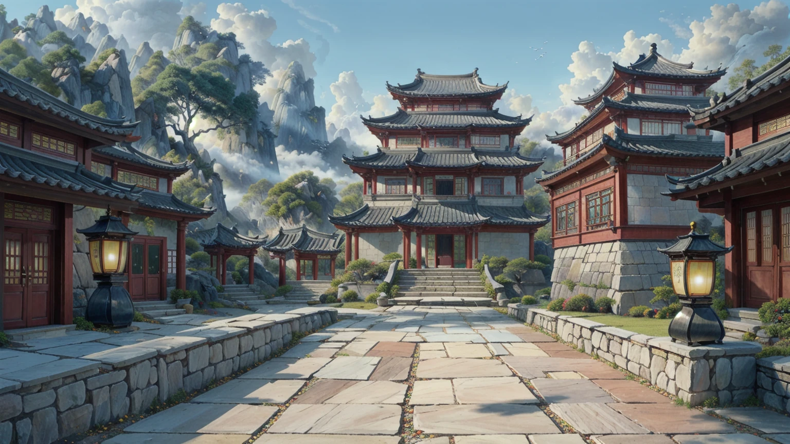 中国Ink画,  masterpiece , best quality, Ink画，Guo Chao，Ink，（Xianxia scene，Fantasy fairyland scene，Pavilions，architecture具有东南亚特色，cloud雾缭绕：1.5），outdoor，Sky，daytime，cloud，Tree，Blue sky，nobody，window，plant，architecture，landscape，lantern，stairs，Potted plants，architecture，东亚architecture，landscape