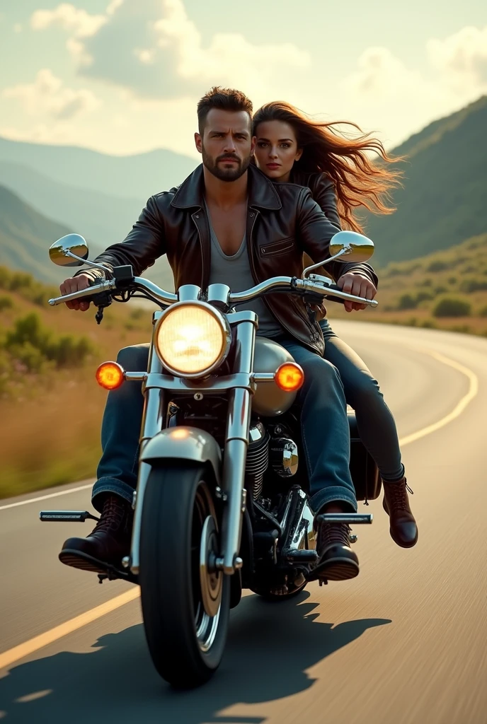 A male and female couple on a motorcycle