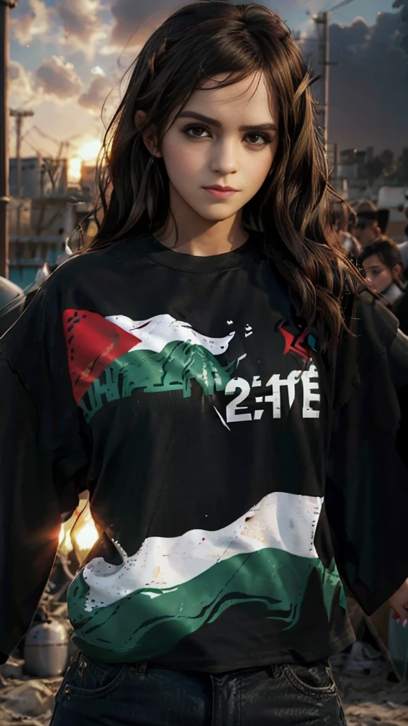 realistic,highres,reality,creative,huge filesize, Palestine flag a (Emma Watson long hair) wearing a black shirt with a palestine flag,free palestine real:2,8k, hyper detailed, cinematic lighting, trending on Artstation