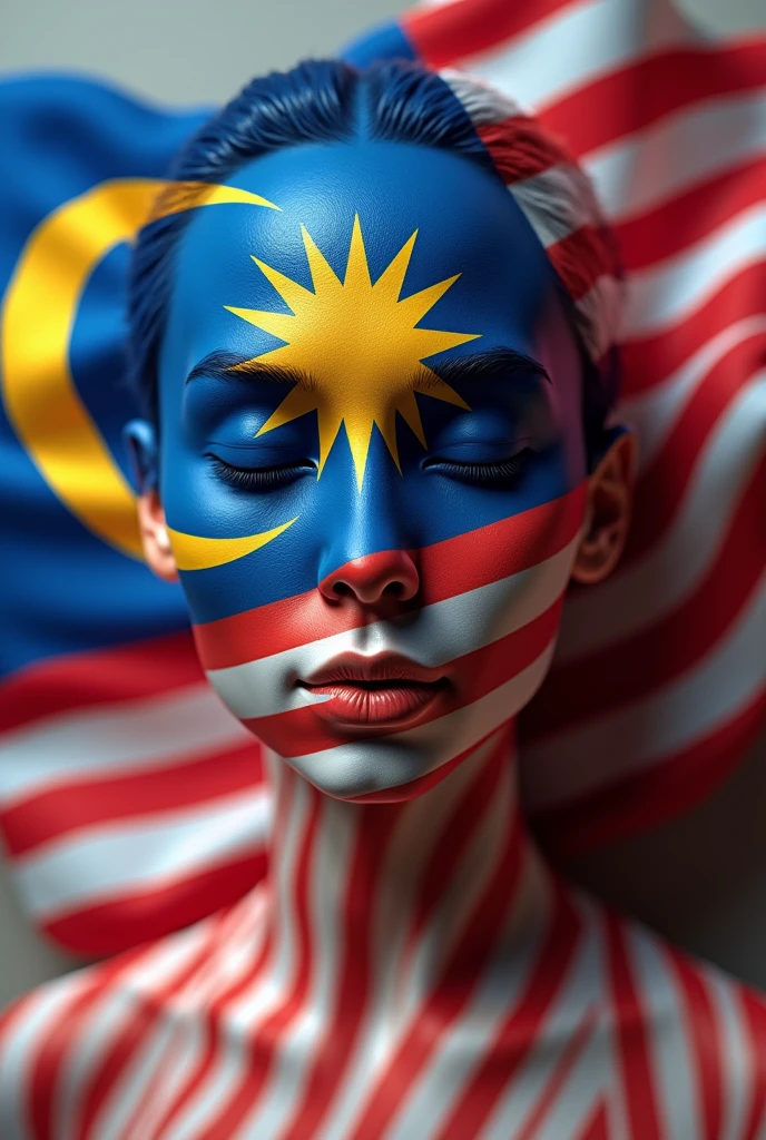 3d malaysian flag logo,repeated pattern,highly detailed,vibrant colors,realistic lighting,masterpiece,(best quality,4k,8k,highres,masterpiece:1.2),ultra-detailed,(realistic,photorealistic,photo-realistic:1.37),photorealistic,3D render,canvas,dynamic composition,studio lighting,physically-based rendering,extreme detail description,professional,vivid colors,bokeh. Human face underneath" perfect Malaysia flag"