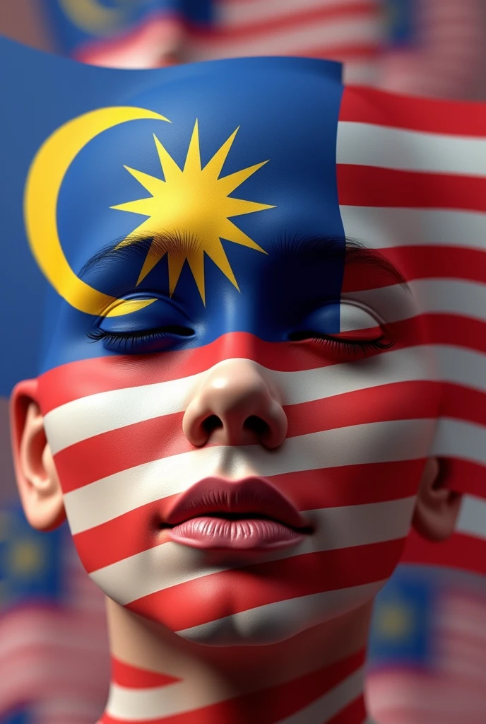 3d malaysian flag logo,repeated pattern,highly detailed,vibrant colors,realistic lighting,masterpiece,(best quality,4k,8k,highres,masterpiece:1.2),ultra-detailed,(realistic,photorealistic,photo-realistic:1.37),photorealistic,3D render,canvas,dynamic composition,studio lighting,physically-based rendering,extreme detail description,professional,vivid colors,bokeh. Human face underneath" perfect Malaysia flag"
