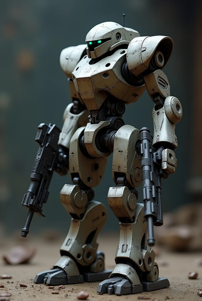 mini robot holding with 2 different guns badass facing sideward

