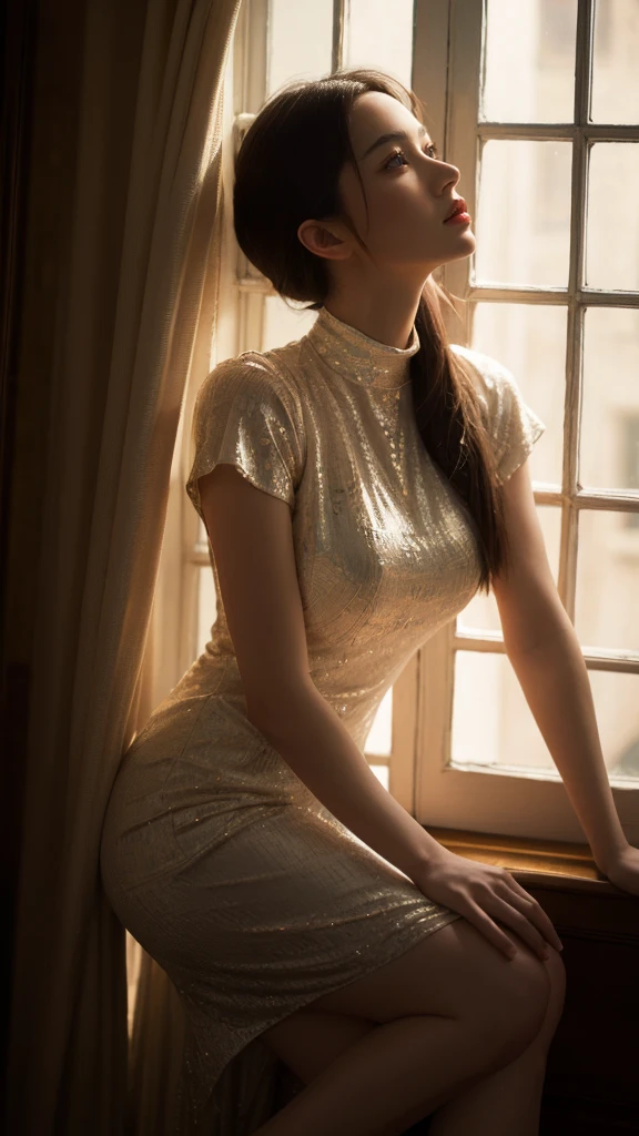 (best quality, 4k, ultra-detailed, realistic, photorealistic:1.37), (cinematic lighting, dramatic lighting:1.2),a mature woman in a high-neck dress, a beautiful detailed female face,striking eyes,detailed facial features, Graceful and graceful,Single full-body photo,Legs smooth porcelain white,window at night,Right-lying,portrait, oil painting, dramatic lighting, cinematic, moody colors, chiaroscuro, ethereal, elegant, intricate details, masterpiece