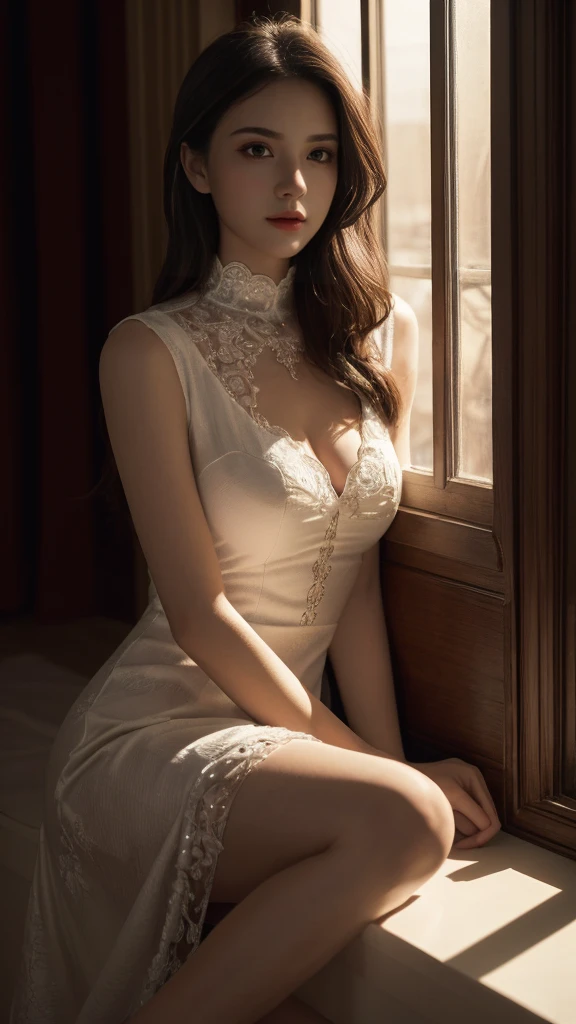 (best quality, 4k, ultra-detailed, realistic, photorealistic:1.37), (cinematic lighting, dramatic lighting:1.2),a mature woman in a high-neck dress, a beautiful detailed female face,striking eyes,detailed facial features, Graceful and graceful,Single full-body photo,Legs smooth porcelain white,window at night,Right-lying,portrait, oil painting, dramatic lighting, cinematic, moody colors, chiaroscuro, ethereal, elegant, intricate details, masterpiece