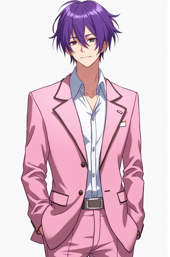 Anime boy with pink suit and purple hair