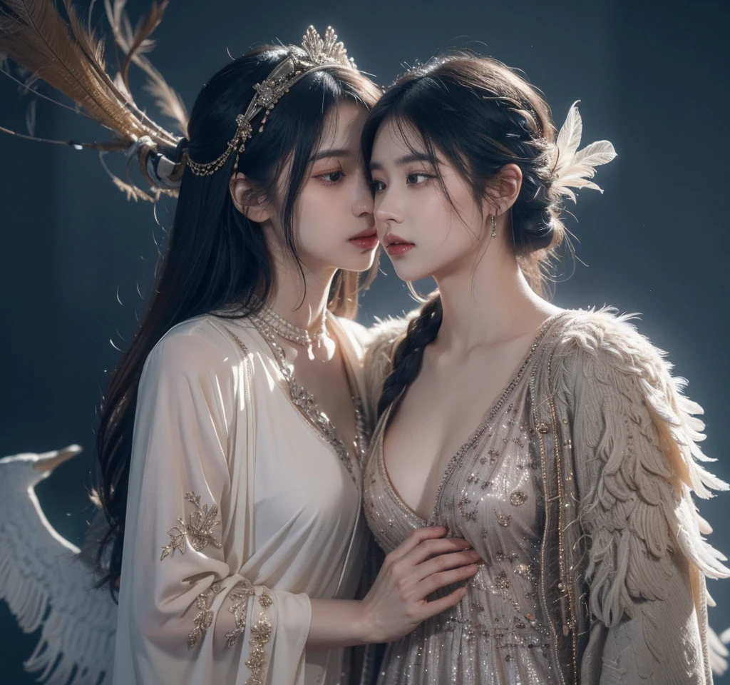 The scene is atmospheric、wide, Pictures of ancient sacrifices, Smoky, Birds in human clothes are dancing, Sunday, (Detailed clothing details, Delicate clothing lighting), Vaguely visible, Detailed bird feathers, Complicated visuals, (Full of weird and mysterious pictures), Cloudy background, The photos are realistic, 8K,