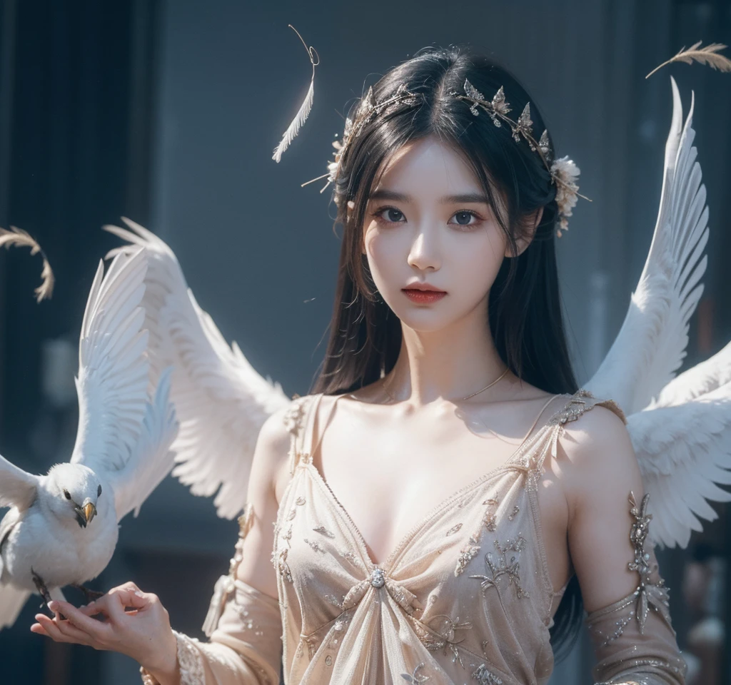 The scene is atmospheric、wide, Pictures of ancient sacrifices, Smoky, Birds in human clothes are dancing, Sunday, (Detailed clothing details, Delicate clothing lighting), Vaguely visible, Detailed bird feathers, Complicated visuals, (Full of weird and mysterious pictures), Cloudy background, The photos are realistic, 8K,