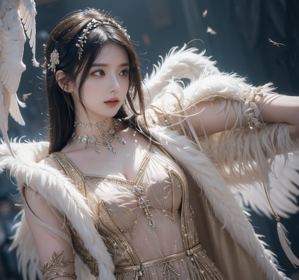 The scene is atmospheric、wide, Pictures of ancient sacrifices, Smoky, Birds in human clothes are dancing, Sunday, (Detailed clothing details, Delicate clothing lighting), Vaguely visible, Detailed bird feathers, Complicated visuals, (Full of weird and mysterious pictures), Cloudy background, The photos are realistic, 8K,