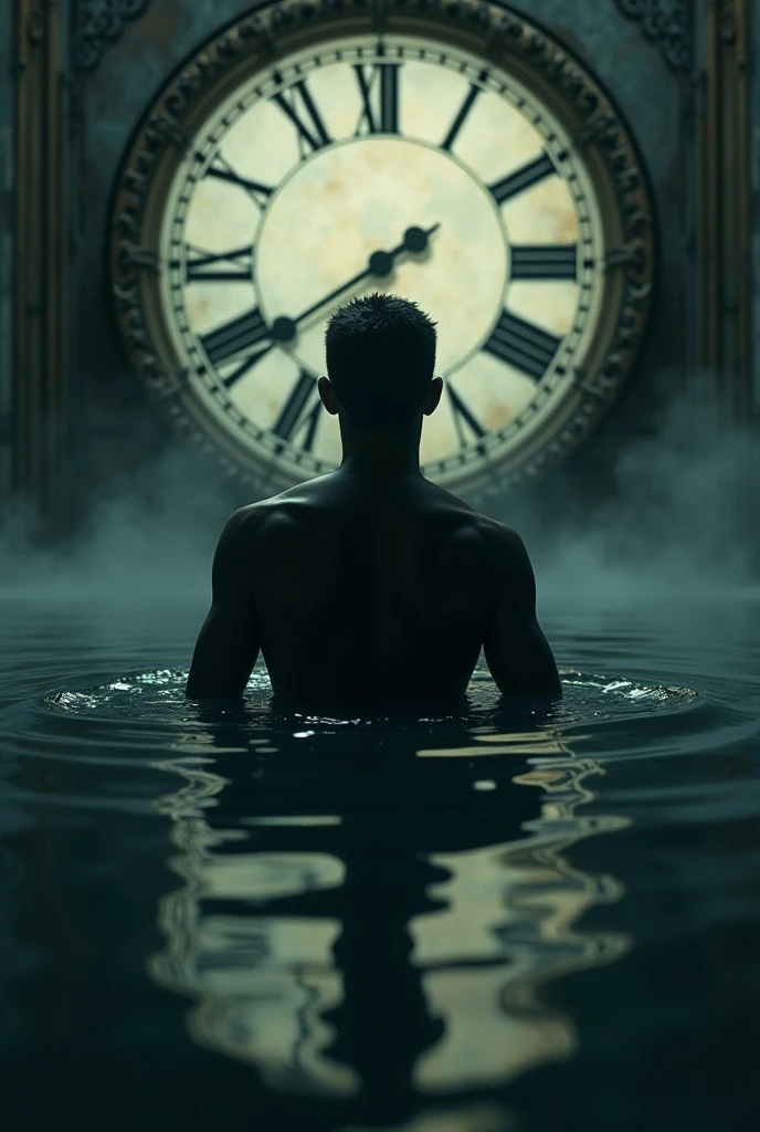 Silhouette of a man sinking into water with an antique clock in the background 
