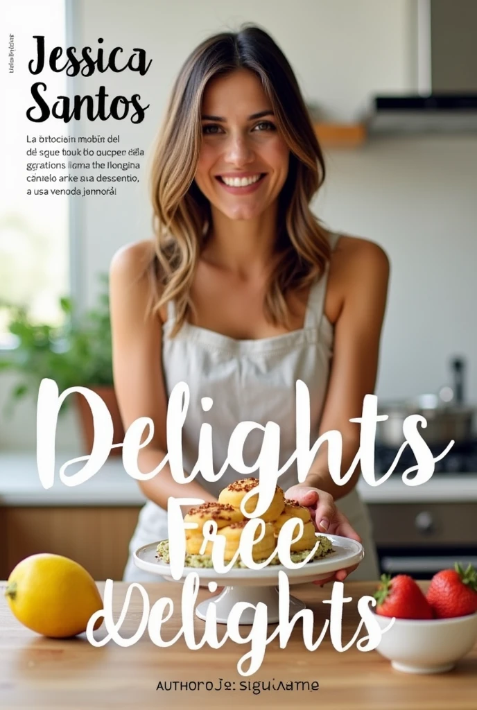 Create a modern and welcoming cover for the book titled "Sugar Free Delights". The cover should feature a woman named Jessica Santos, which is presenting recipes for sugar-free cakes and desserts. She should be portrayed in a kitchen setting., with ingredients like fresh fruits and kitchen utensils around. The color palette should be soft and natural., using tones like beige, light brown and soft green. The atmosphere should be inviting and cheerful., with a modern touch. All texts on the cover must be in Portuguese. The title "Sugar Free Delights" should be highlighted with clean and elegant typography, while the author's name, Jessica Santos, should appear just below the title, followed by his signature at the bottom of the cover. Make sure the signature is visible and fits harmoniously into the design..