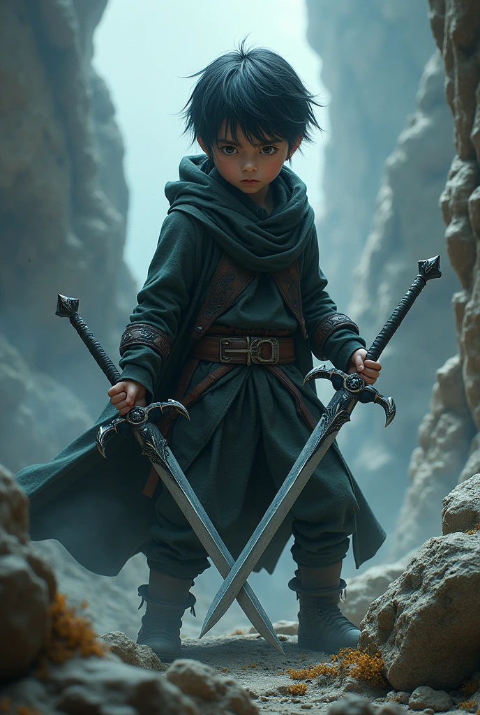 Boy with human body, dark hair, black eyes, two swords with demon characteristics