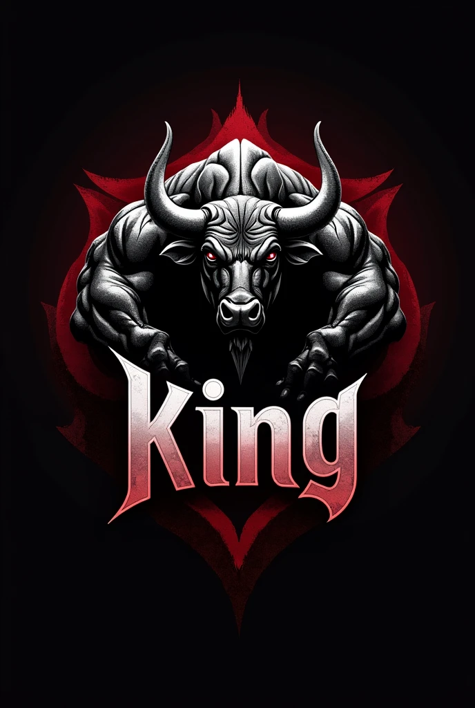 Design a powerful and dynamic logo for a brand featuring a strong, muscular bull as the central figure, symbolizing strength, power, and determination. The bull should have well-defined muscles, with a stance that conveys energy and dominance, embodying the essence of strength and leadership. Use sharp, angular lines to emphasize the bull's muscular build and add a sense of intensity. Incorporate bold, dark tones like black, deep red, or metallic gray to create a fierce and commanding presence. The logo should include the word 'KING' in a bold, modern font that complements the aggressive and regal vibe of the design
