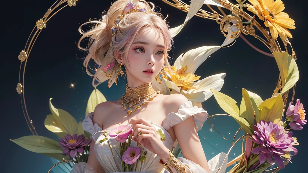 32K, 最高quality, 最高masterpiece, (ultra-Detailed Background, Detailed Background), High resolution, Super detailed, Very detailedな, 1 personの, (bouquet:1.3), (Tangled:1.2), (Geometric:1.2),(colorful),(masterpiece, quality, best quality, Official Art, Beautiful and beautiful:1.2), (1 person:1.3), Very detailed,(colorful:1.1)(Flowers:1.3),Most detailed,(Tangled:1.2), whole body, (Abstract background:1.3), (Skin glows), (Many colors:1.4), ,(Earrings Jewelry:1.5), Pale yellow background, It's imaginative., Milk tea colored hair, Updo,