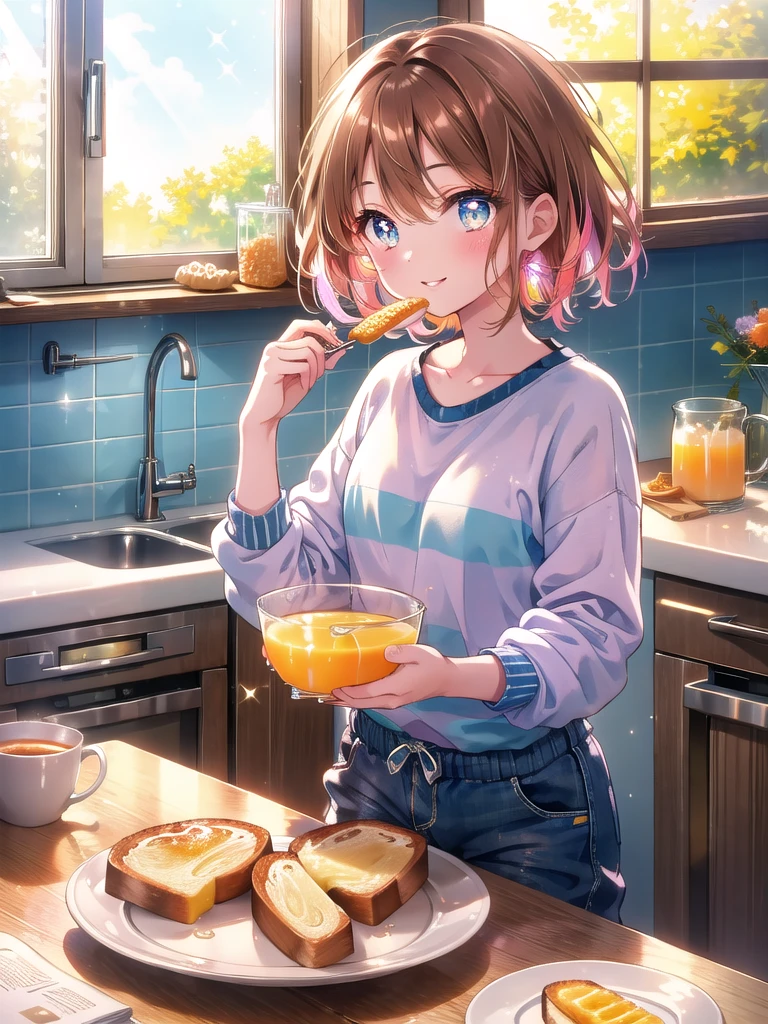 ((8k, Highest quality, masterpiece: 1.3)),Ultra-high resolution,(1 girl, alone), (Color changing eyes, Ultra-detailed, Expressive brilliance, Glitter, Glowing Eyes), Highly detailed eyes, Highly detailed face, Random Hair, ((pastel colour))A young girl with shoulder-length, straight brown hair sits at the kitchen table, enjoying a bowl of cereal. She’s dressed in a simple, striped T-shirt and shorts, her expression bright and cheerful as she looks directly at the camera, a spoonful of cereal halfway to her mouth. Her eyes are wide and full of morning energy, and her lips are curved in a big, happy smile. The kitchen is bathed in the soft light of early morning, with a window letting in a gentle breeze. The table is set with a glass of orange juice and a small plate of toast, adding to the fresh, welcoming atmosphere.