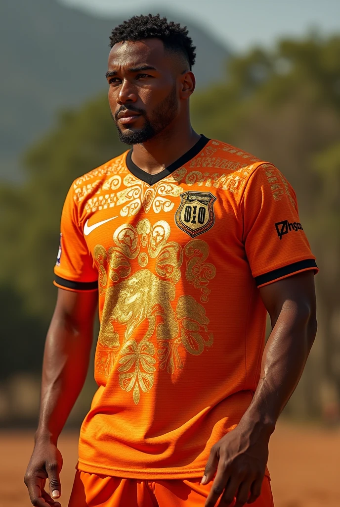 Orange football shirt Details :indigenous painting on the entire shirt in gold color Panther and leaves in the center of the shirt Number 10 on the upper right side