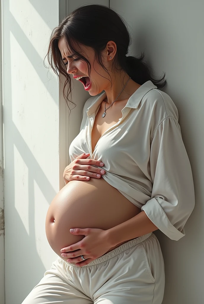sexy pregnant girl in white joggers and white blouse, in pain, screaming, water broken, wet joggers, holding stomach with one hand, holding wall with another hand, unable to stand, stand difficulty with the support of wall, tears