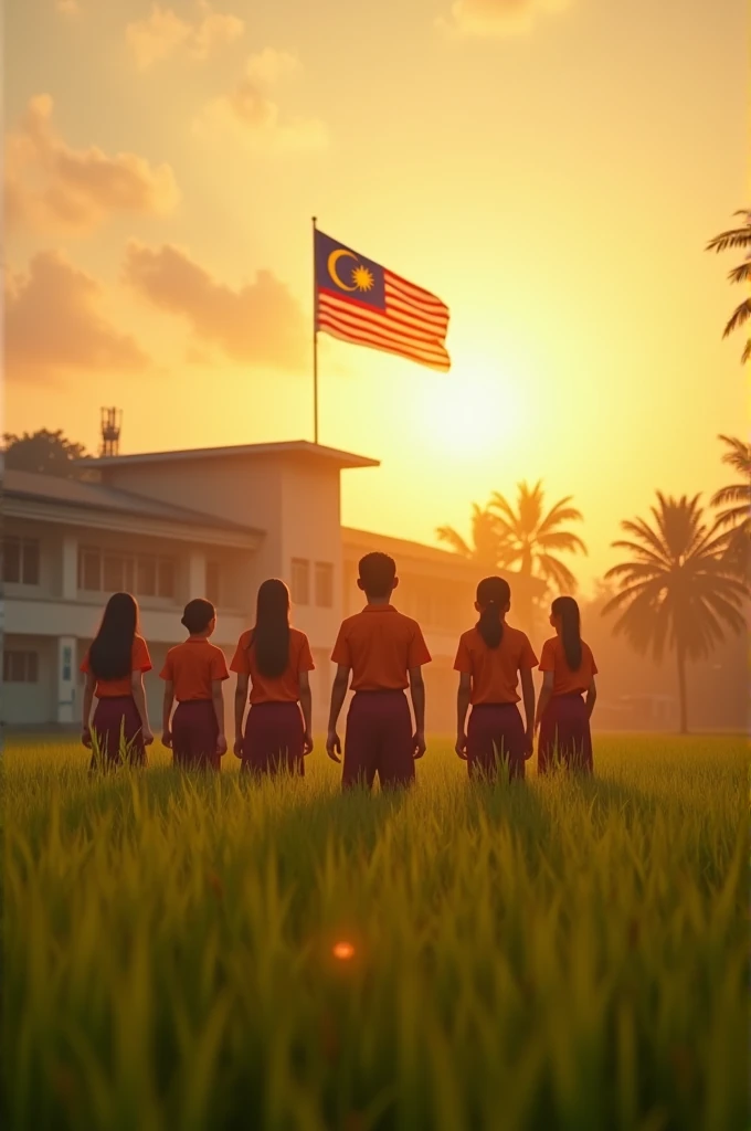 create a cinematic photo of a students in the school paddy field. The school room is hoisting a Malaysian flag to celebrate independance day. Cinematic and warm morning, Surnrise sky. Green paddy field aspect ratio 16:9