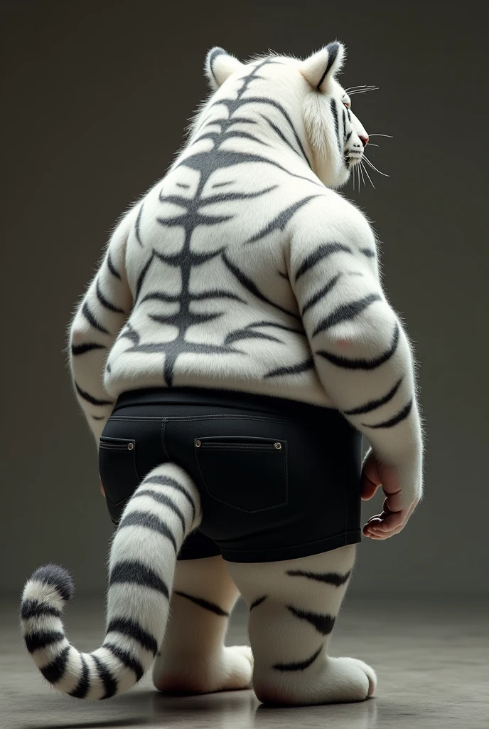 (photorealism:1.2), An tiger Furry, with an white color and black stripes, who has an very thick butt and has an beer belly. Who slightly has black shorts on. And he is currently showing his butt up. His tail is sticking up also