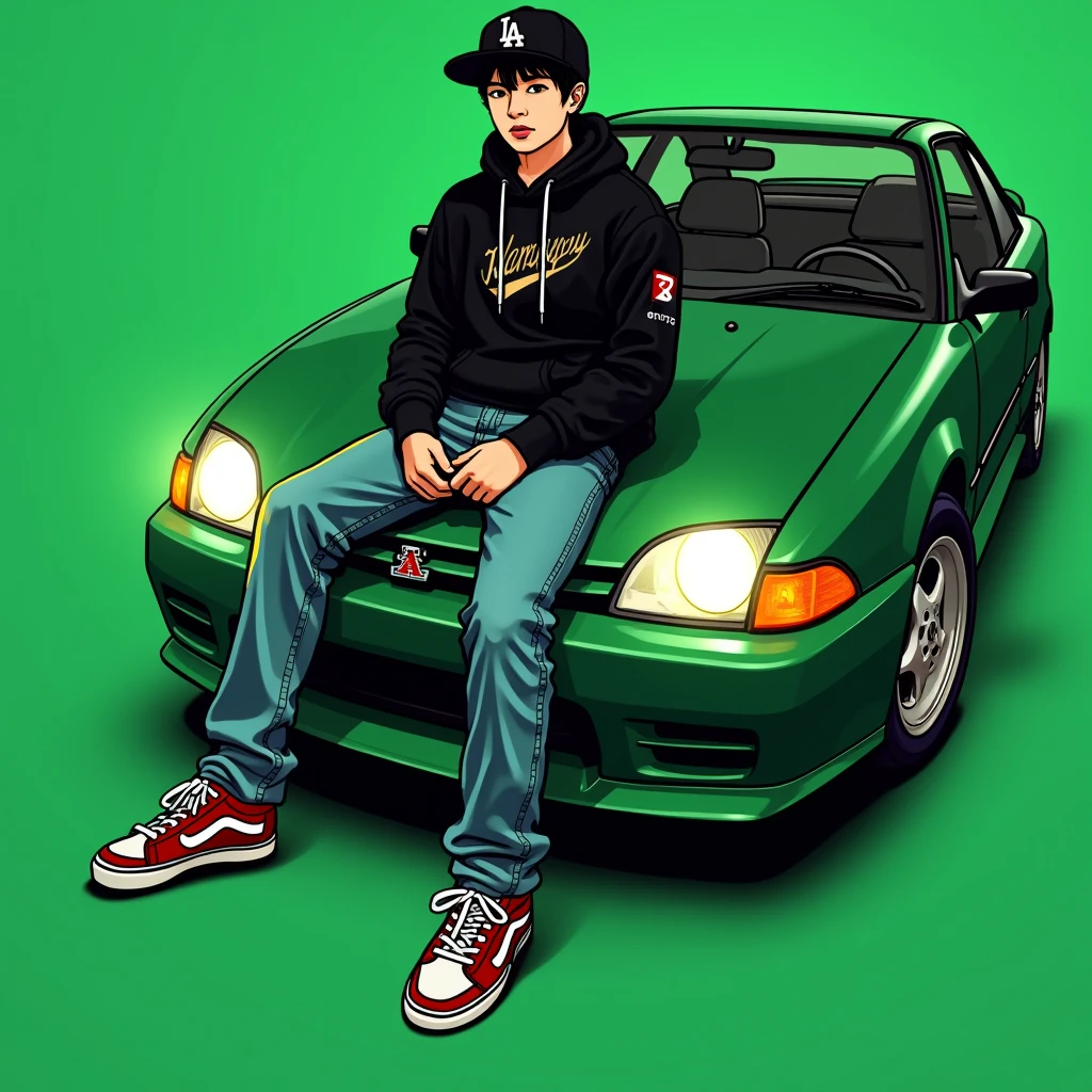 
Image of a man sitting on the bonnet of a car, Yoshihiko Wada&#39;s album cover, winner of the behance contest, Doodle, official artwork, rap album cover, hip - hop album art cover, colored album art, hip hop music album cover, rap album cover art, official fanart, GTA Cover, hip hop album cover, album art cover, G-FUNK Hip Hop album cover, green background, green car, with the words 'If WONA behemes a gangster' on the back of the picture, an Asian teenager wearing a black LA hoodie, a black LA ball cap with a deep press and a wide pair of jeans down, a troublemaker boy sits on the bonnet of a car and lets the car out to the side