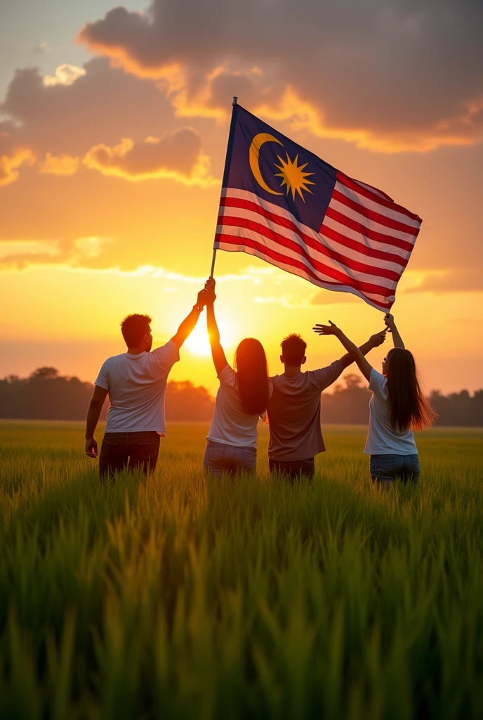 poor children standing in a wide field holding the Malaysian flag against the backdrop of a very beautiful Borneo forest scene