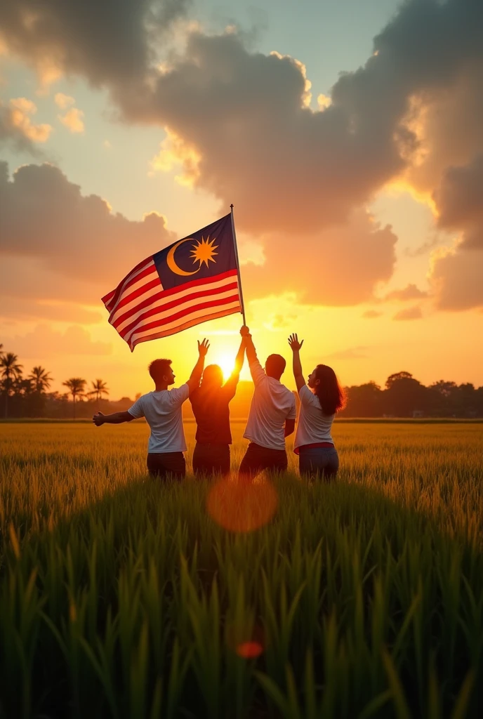 create a cinematic photo of a people and friends . is hoisting a Malaysian flag to celebrate independance day. Cinematic and warm morning, Surnrise sky. Green paddy field aspect ratio 16:9
