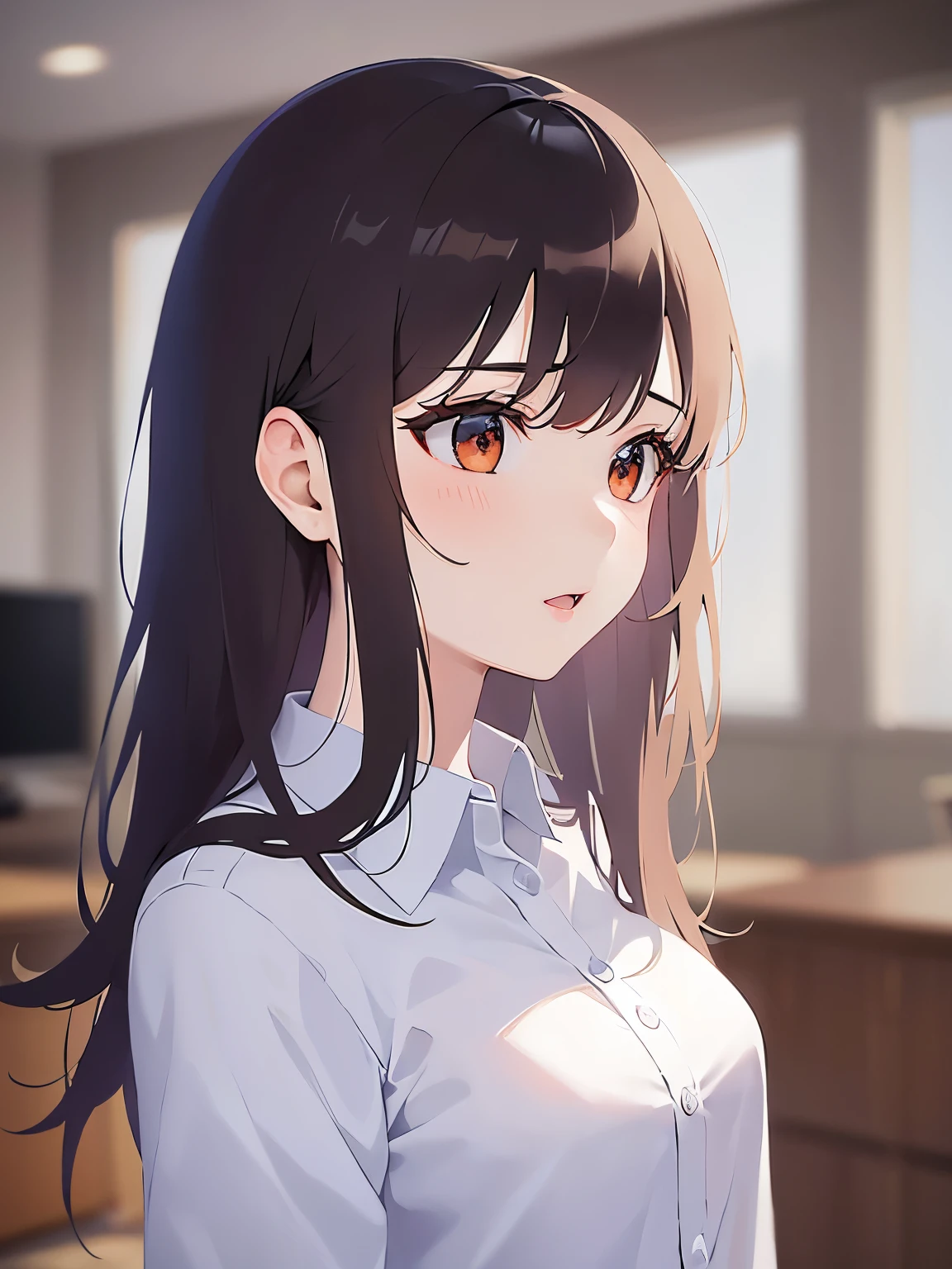 (looking away:1.5)Upper Body,Side shot、Pointing out
Realistic, real person, (pale skin: 1.2), RAW photo, photorealistic, shiny skin, shiny hair、(A 25-year-old woman with medium-length hair and bangs) and (wavy hair) and (brown hair) and (orange eyes) ,
(white collared shirt:1.5),
Serious、open mouth,The background is the conference room、(alone:1.5)