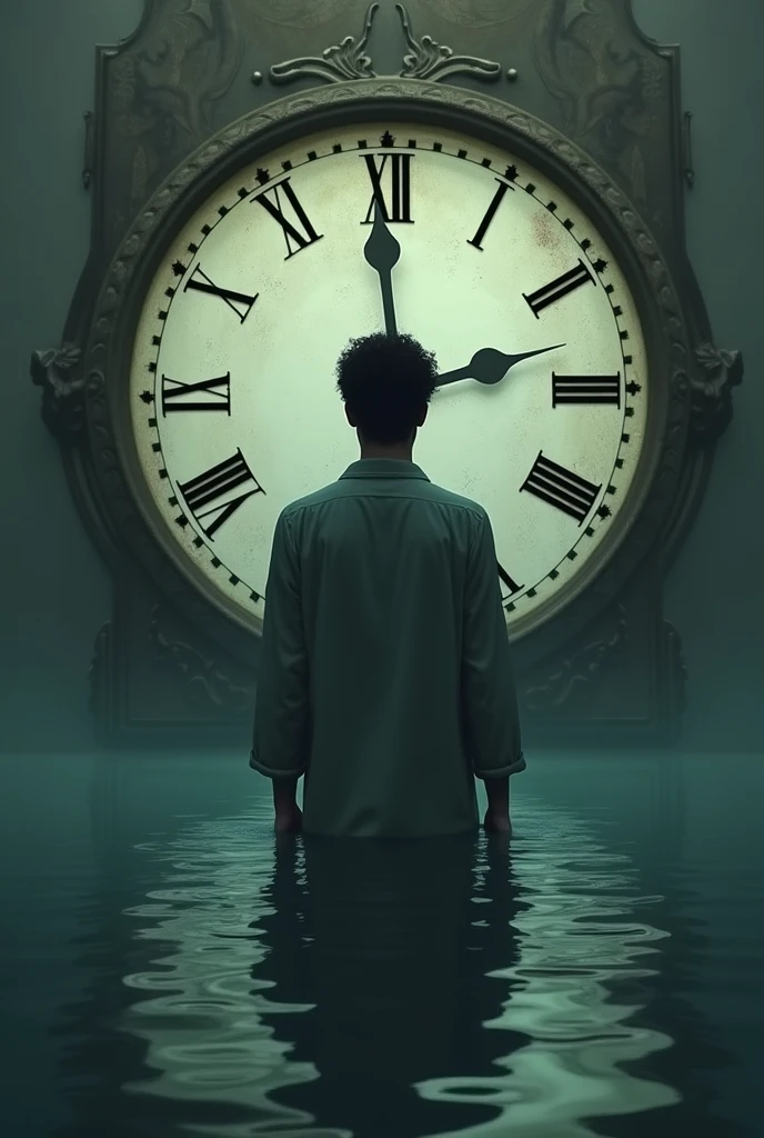 Silhouette of man in pajamas sinking into water with an antique clock in the background