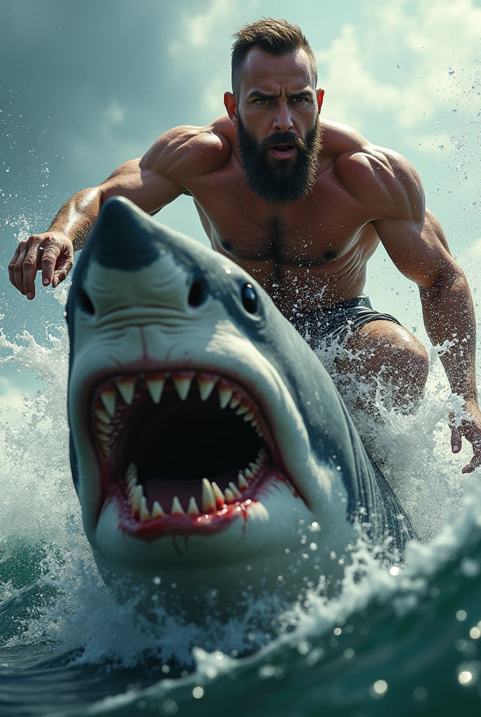 Strong light-skinned man who fought the shark by riding a tiger shark with blood and wounds, The man's face should be very clear and he should have a small beard.