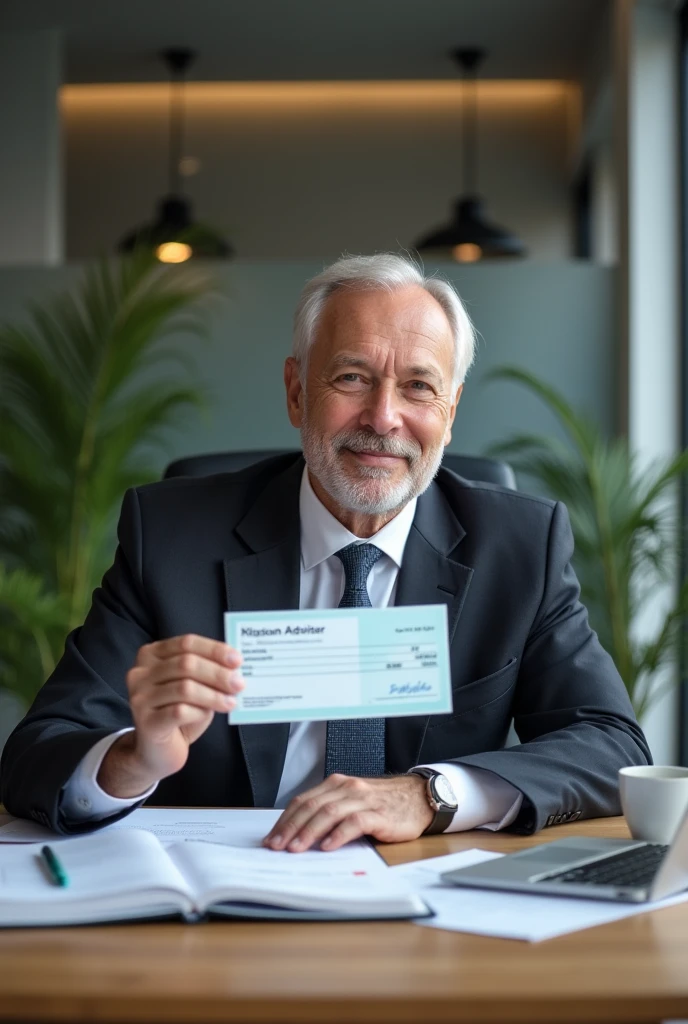 Take me a picture of a business advisor at a desk holding a check in his hand