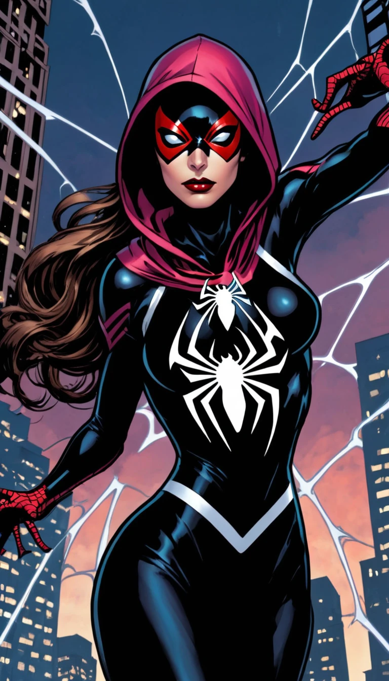 gothic style spider girl, solo, looking at viewer, wearing black with white and pink, spiderman symbol on chest, flying through the sky, fight pose, hooded body suit, shooting webs from wrists, outdoors, between sky scrapers, dark, mysterious, haunting, dramatic, ornate, detailed