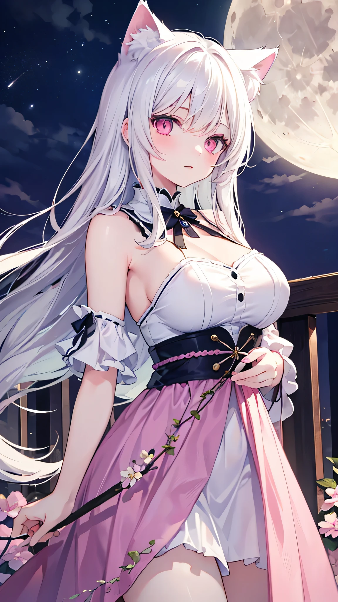 masterpiece, Cat ear,Awesome girl, Night moon Full moon, 1 female, Mature Woman, A woman with long silvery white hair, Pale pink lips, Calm, intellectual, Pink Eyes,Flower