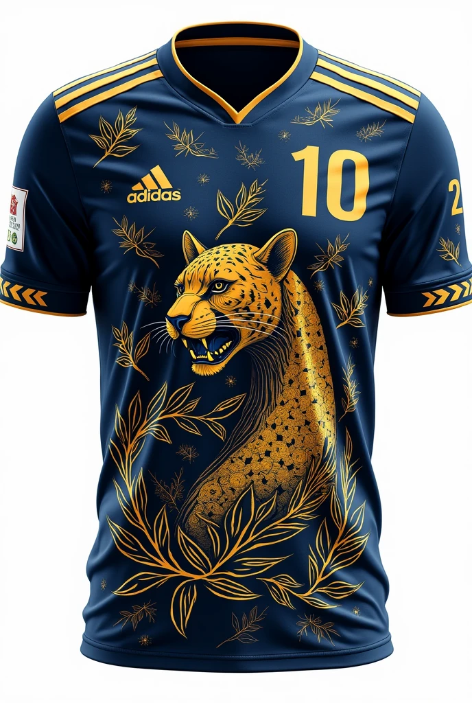 Dark blue football shirt Details :indigenous painting on the entire shirt in gold color Panther and leaves in the center of the shirt Number 10 on the upper right side 