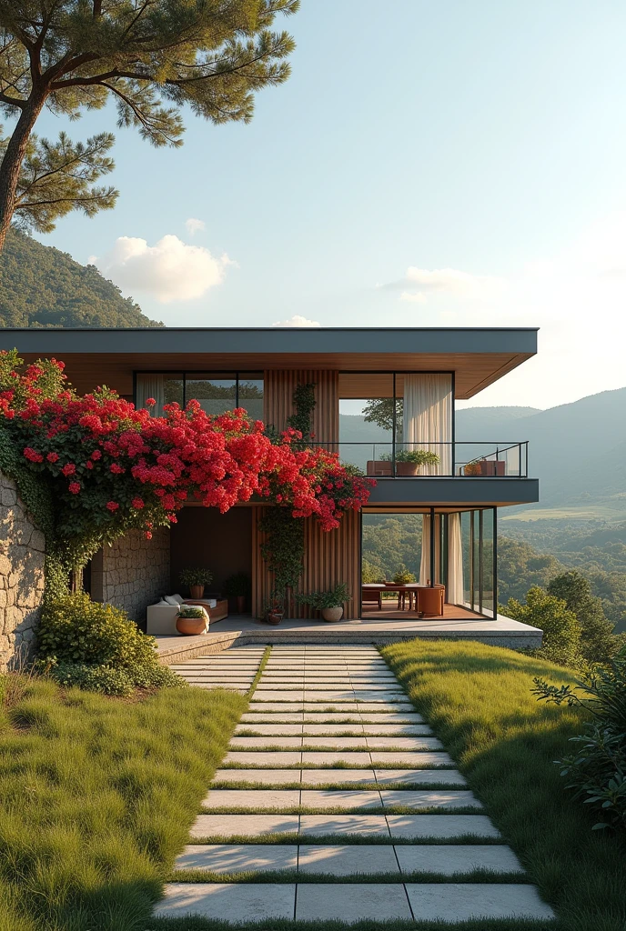 Create a modern house in a country location, At its entrance there must be bougainvillea trees