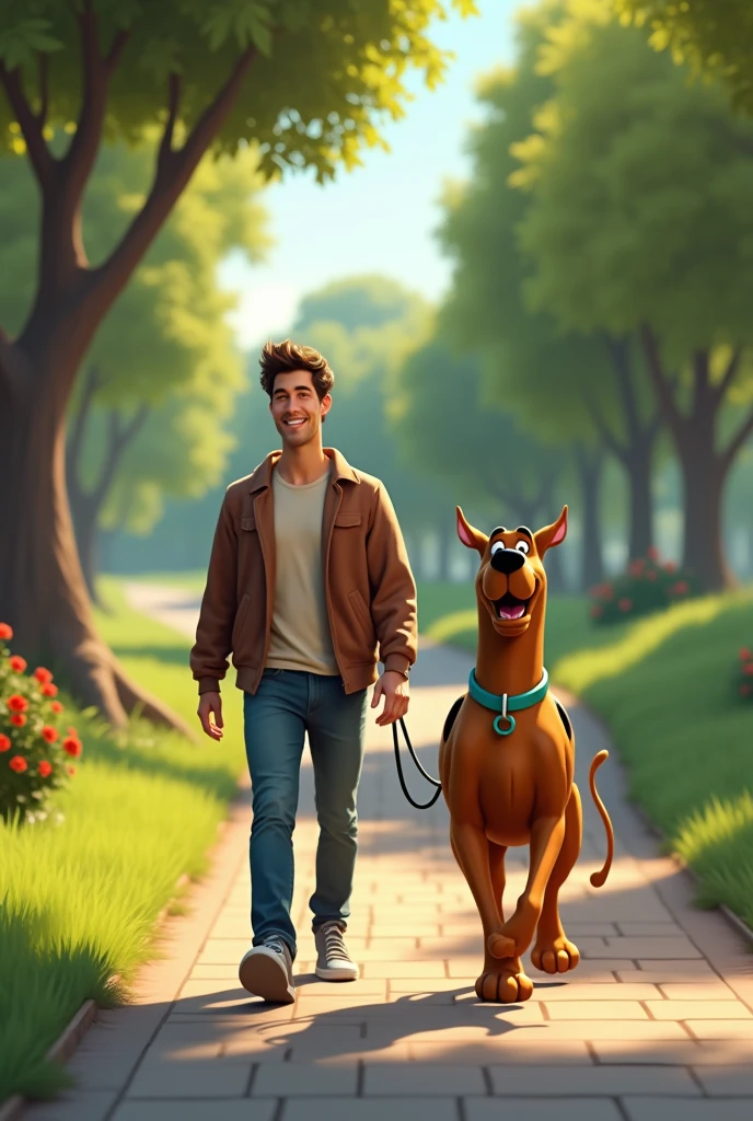 Man walking with Scooby Doo in the park