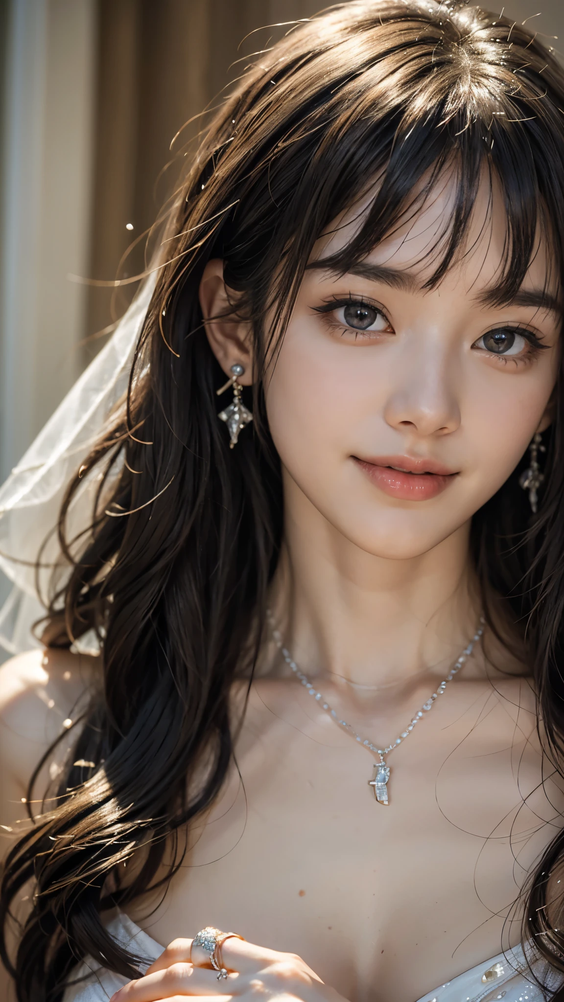 (Beautiful Woman Photo)
(Mastepiece:1.3)Beautiful Japanese girl,((Fine Jewelry,necklace,ring,Earrings)),((Smile)),Beautiful face,(Lifelike face),Beautiful delicate eyes,((Wedding dress)),Realistic eyes,Beautiful skin,Realistic skin texture(Real Skin)Radiant Skin,Professional Lighting,((Jet black, glossy, straight)),((Short bangs)),Black T-shirt,Mid-chest,High resolution,Sharp Focus,Ultra high definition eyes,
