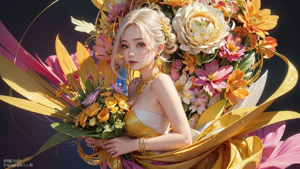 32K, 最高quality, 最高masterpiece, (ultra-Detailed Background, Detailed Background), High resolution, Super detailed, Very detailedな, 1 personの, (bouquet:1.3), (Tangled:1.2), (Geometric:1.2),(colorful),(masterpiece, quality, best quality, Official Art, Beautiful and beautiful:1.2), (1 person:1.3), Very detailed,(colorful:1.1)(Flowers:1.3),Most detailed,(Tangled:1.2), whole body, (Abstract background:1.3), (Skin glows), (Many colors:1.4), ,(Earrings Jewelry:1.5), Pale yellow background, It's imaginative., Milk tea colored hair, Updo,