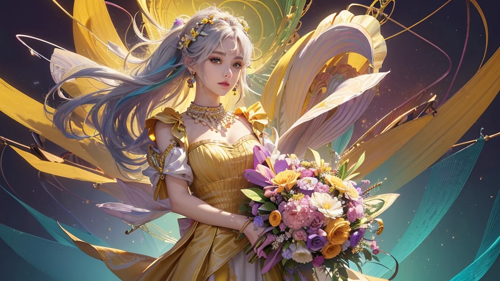 32K, 最高quality, 最高masterpiece, (ultra-Detailed Background, Detailed Background), High resolution, Super detailed, Very detailedな, 1 personの, (bouquet:1.3), (Tangled:1.2), (Geometric:1.2),(colorful),(masterpiece, quality, best quality, Official Art, Beautiful and beautiful:1.2), (1 person:1.3), Very detailed,(colorful:1.1)(Flowers:1.3),Most detailed,(Tangled:1.2), whole body, (Abstract background:1.3), (Skin glows), (Many colors:1.4), ,(Earrings Jewelry:1.5), Pale yellow background, It's imaginative., Milk tea colored hair, Updo,