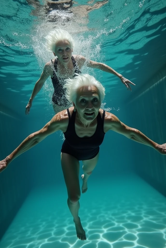 AN OLD WOMAN, quite lean, with white hair, Waist slender, wearing a black swimsuit swimming to the bottom of the pool to rescue a large, strong man who had sunk 