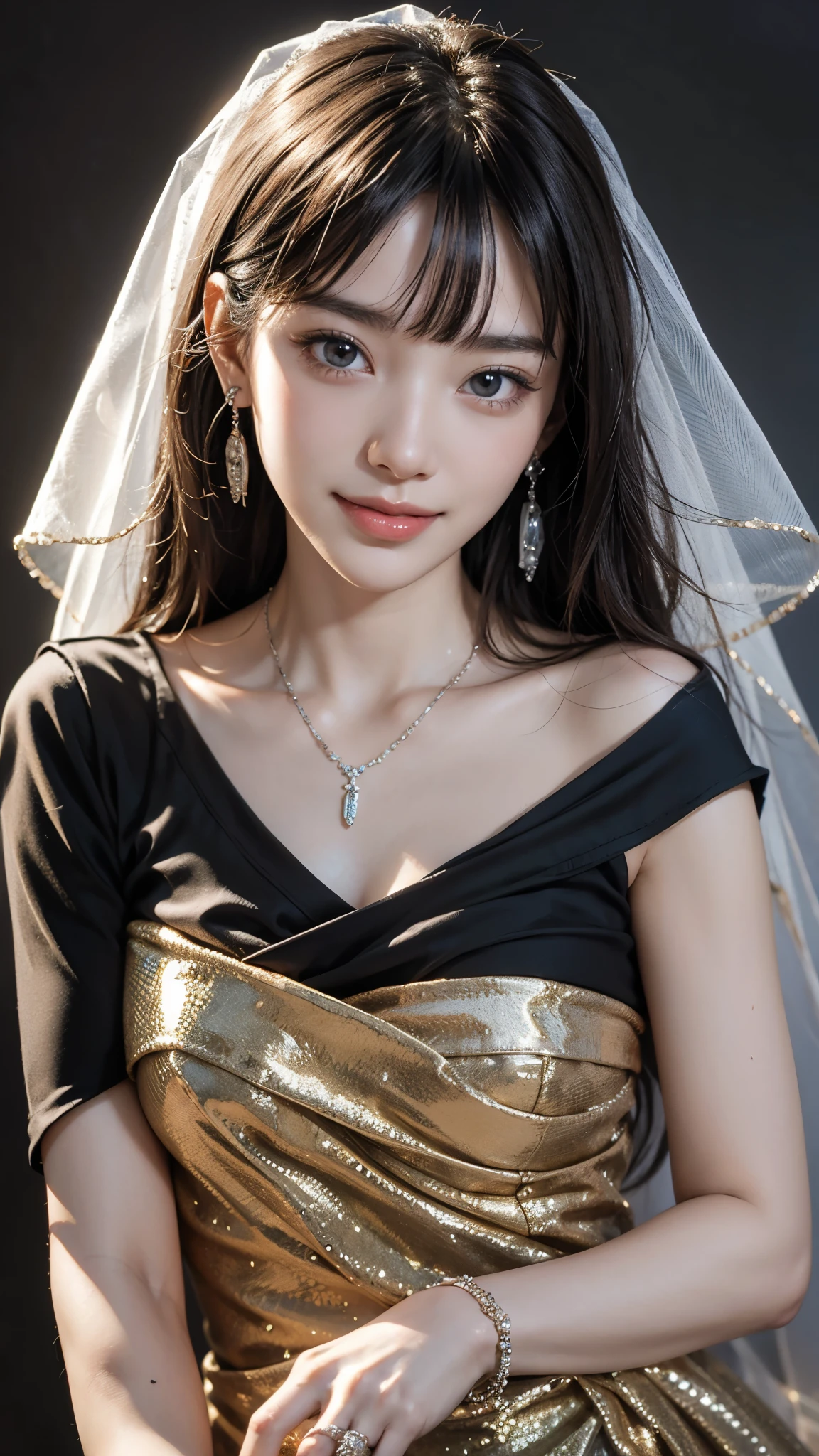 (Beautiful Woman Photo)
(Mastepiece:1.3)Beautiful Japanese girl,((Fine Jewelry,necklace,ring,Earrings)),((Smile)),Beautiful face,(Lifelike face),Beautiful delicate eyes,((Wedding dress)),Realistic eyes,Beautiful skin,Realistic skin texture(Real Skin)Radiant Skin,Professional Lighting,((Jet black, glossy, straight)),((Short bangs)),Black T-shirt,Mid-chest,High resolution,Sharp Focus,Ultra high definition eyes,
