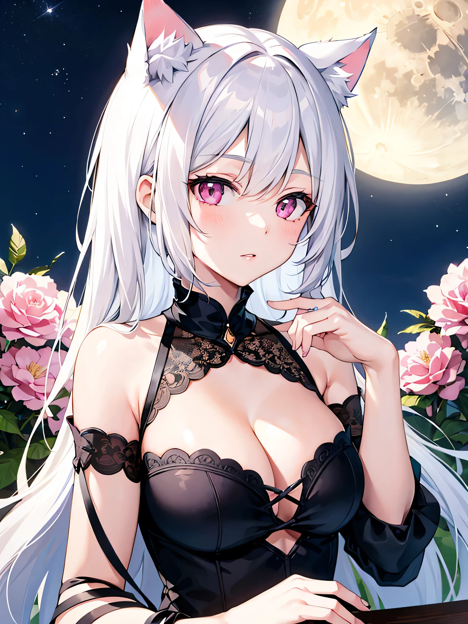 masterpiece, Cat ear,Awesome girl, Night moon Full moon, 1 female, Mature Woman, A woman with long silvery white hair, Pale pink lips, Calm, intellectual, Pink Eyes,Flower