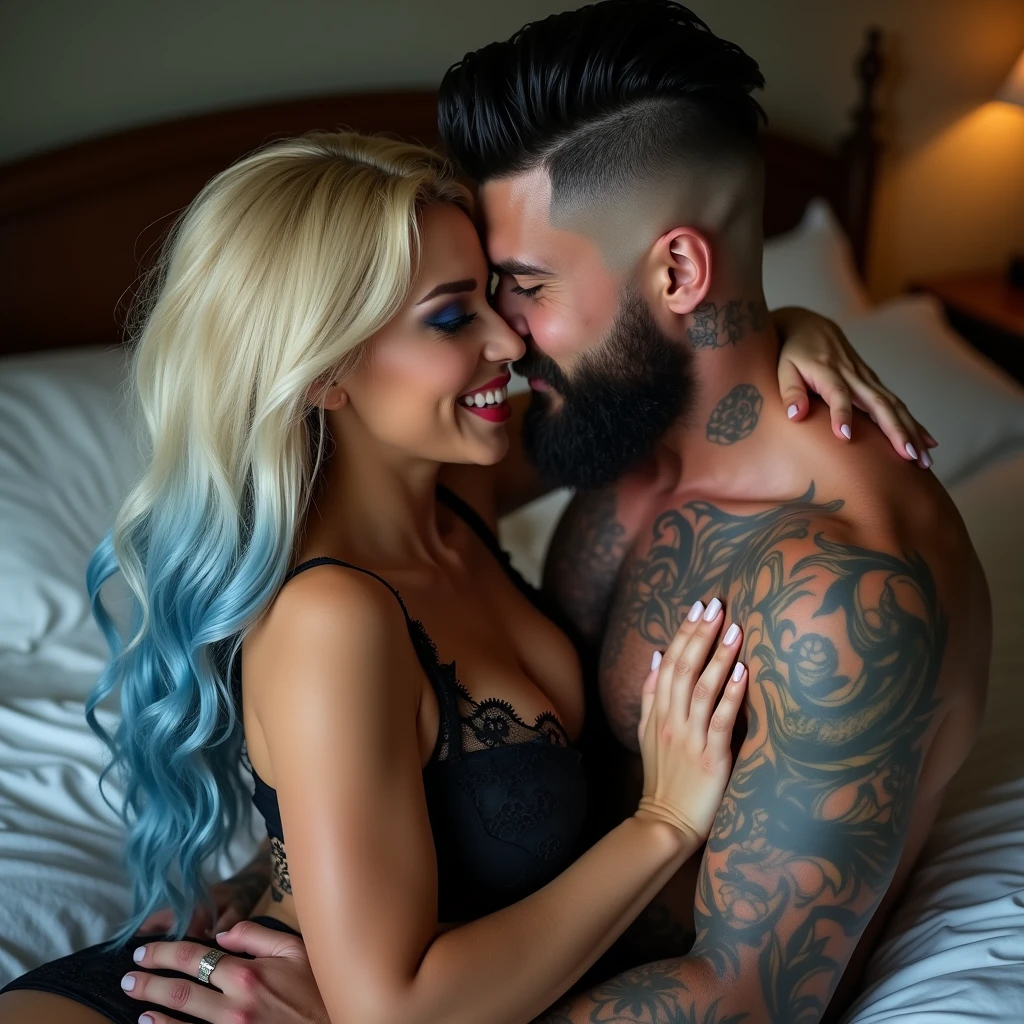High resolution, multiple views, vivid, hd, zoomed out, a gorgeous smiling, Caucasian woman, long blonde hair with blue hair ends, blue eyes, beautiful makeup and contour, tattoos, big breasts, seductively making out on a bed, wearing lace lingere, kissing a handsome white man with jet black hair with skin fade, short black beard, tattoos, hickies on neck, blue eyes, athletic build, muscles, hand gripping her waist and throat