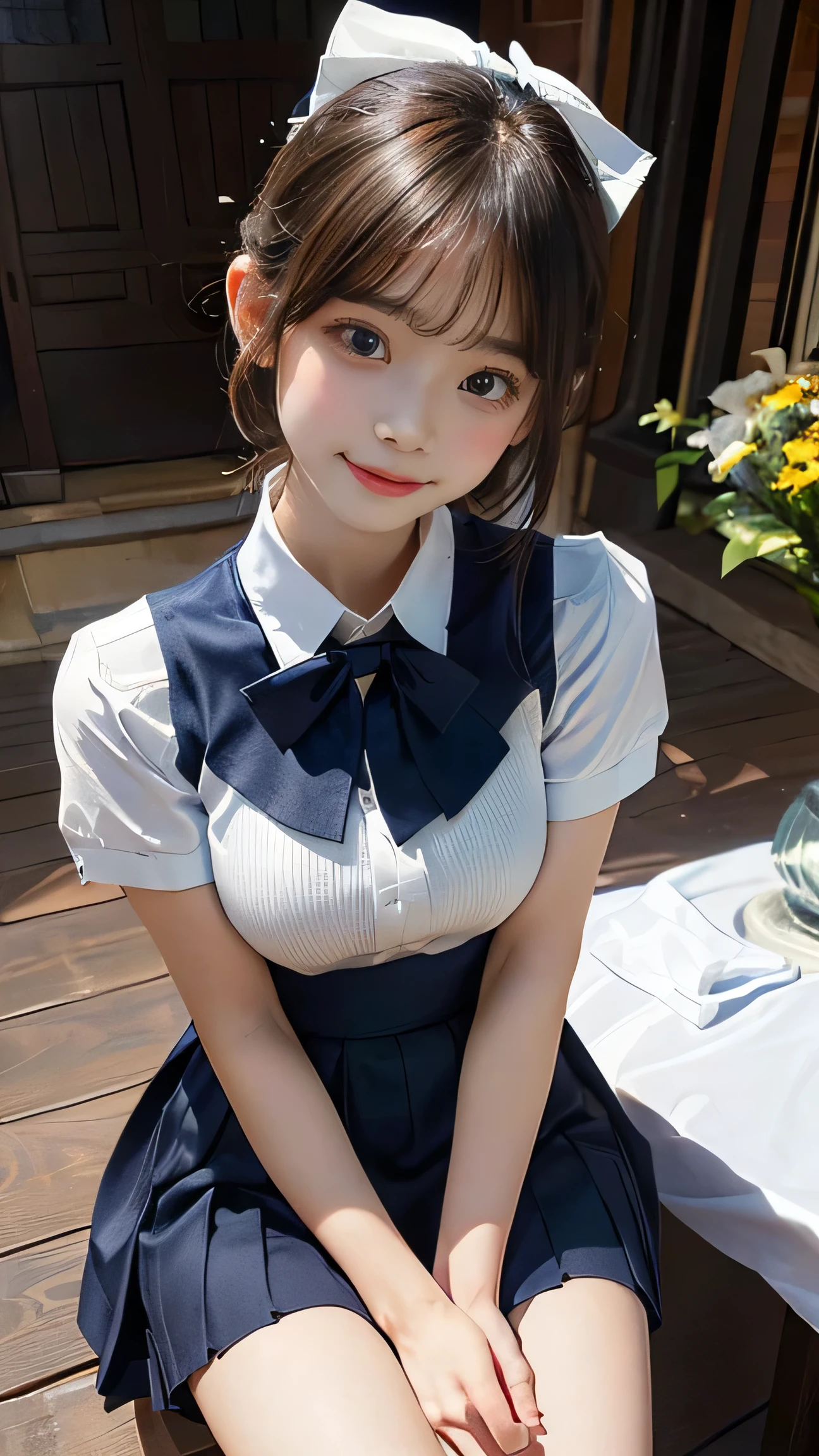 Highest quality,Realistic,masterpiece,detailed,High resolution,Cute , (masterpiece:1.2, the best quality), (Practical, photoPractical:1.4), High-quality illustrations, (Natural side Light, Light), Writing border depth,
Looking at the audience, Front view, 1 girl, English, High school girl, 20 years old, Perfect face, Cute symmetrical face, Light and radiant skin, Open your legs,
(Bob Hairstyle:1.7,bionde), Asymmetrical bangs, big eyes, Drooping eyes, Long eyelashes chest), Thin,
Beautiful hair, Pretty Face, beautiful eyes, Beautiful clavicle, Beautiful Body, Beautiful breasts, Beautiful thighs, Beautiful Feet, Beautiful fingers,
((Fine fabric texture, Brown knitted vest, Short sleeve white collar shirt, Navy blue pleated skirt, Navy bow tie)),
(Beautiful scenery), night, (Flower shop interior), Everlasting, (Smile, the best, open mouth), (((Skirt lift, White sexy, Visible genitalia))), full-body shot, Dark blue socks, Sexy face, Inverted Nipple,