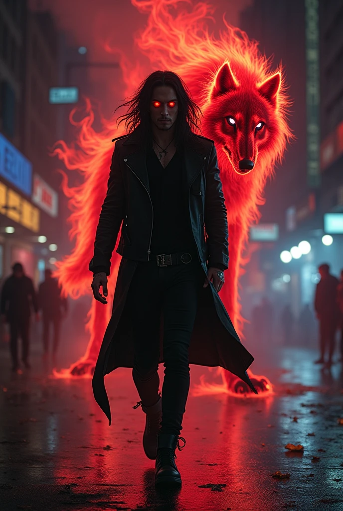 Man with long black messy hair down to the shoulder , black rock pants and a leather jacket. He red eyes, and behind it there is a flaming red spiritual smoke shaped like a furious wolf. He walks the streets at night in the city