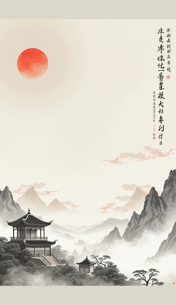 Chinese style,Mountain,cloud,architecture,abstract,Ink Painting,Elegant,Leave white space in the middle of the screen