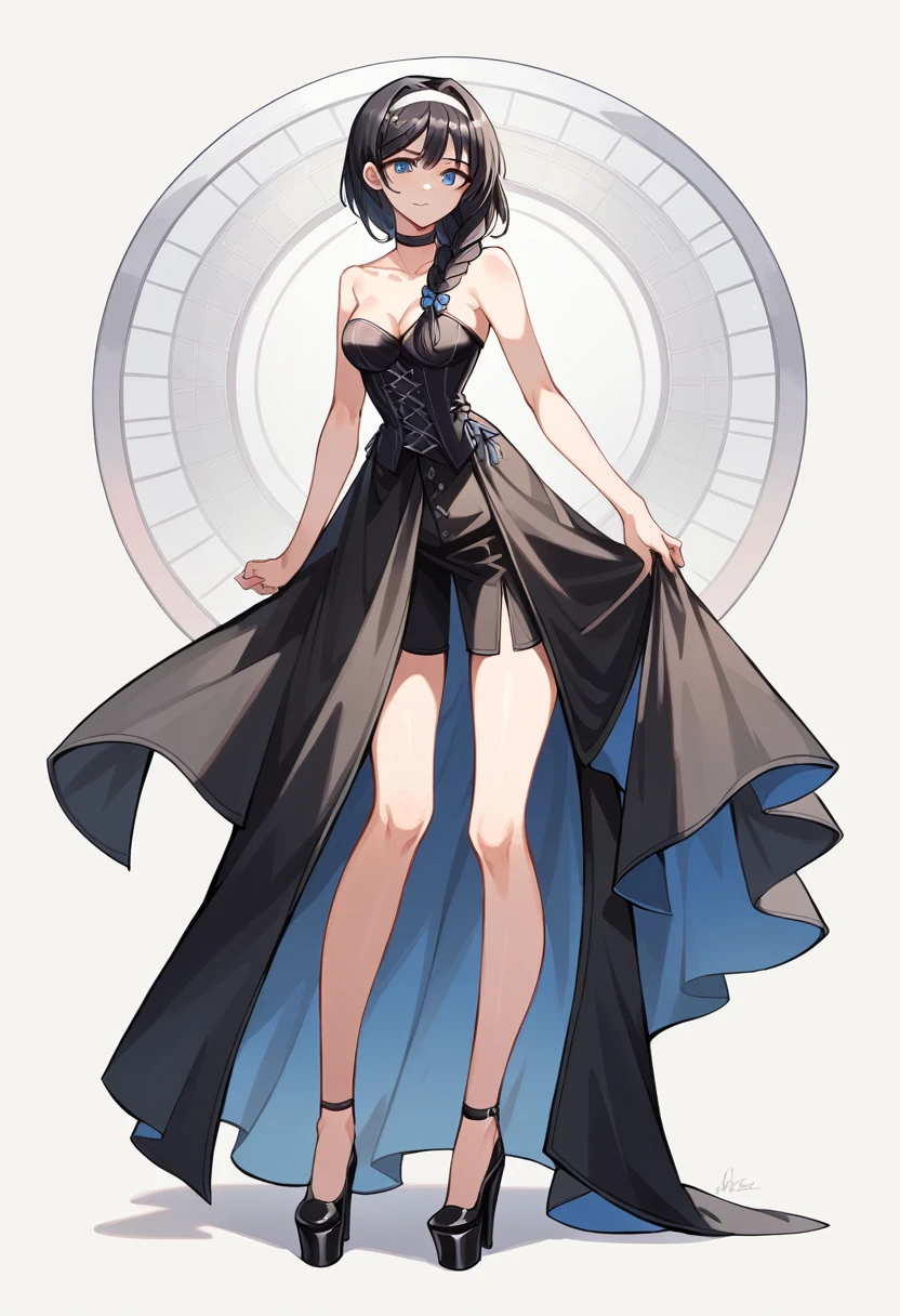 ((ultra detailed, masterpiece, best quality)) FF8Rinoa, 1girl, solo, single braid, blue eyes, black hair, white hairband, black choker, medium Breasts hanging, black corset strapless sexy, white sexy miniskirt, sexy long legs, black platform high heels wedges,  full body shot 