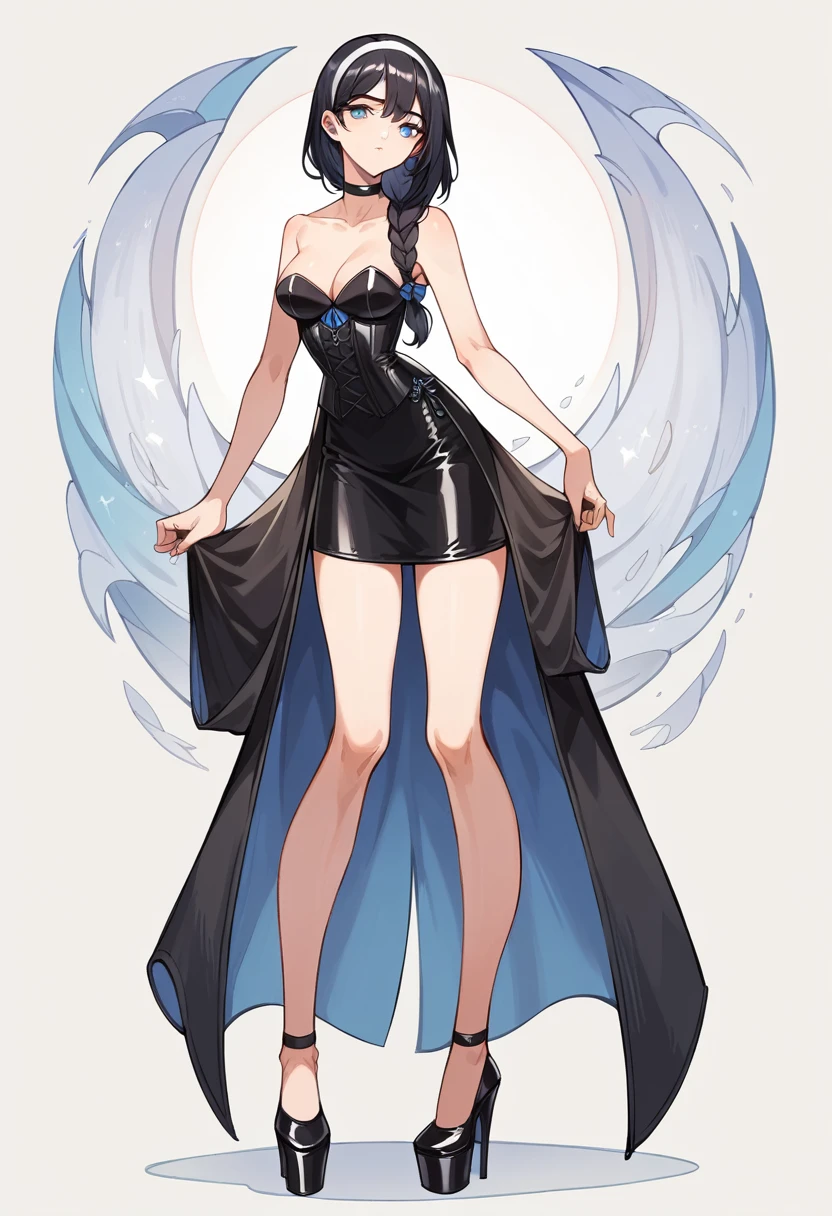 ((ultra detailed, masterpiece, best quality)) FF8Rinoa, 1girl, solo, single braid, blue eyes, black hair, white hairband, black choker, medium Breasts hanging, black corset strapless sexy, white sexy miniskirt, sexy long legs, black platform high heels wedges,  full body shot 