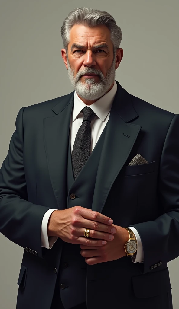Victor is a tall, middle-aged man in his late 40s, always dressed in luxurious garments. His tailored suits are made of fine fabrics, and he often wears a gold ring to symbolize his success. He has a neatly trimmed beard and a stern, serious expression, with sharp eyes that are always calculating.