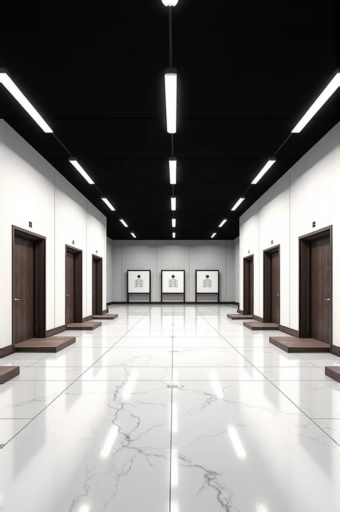 Recreational shooting room, Marble floor, black colored roof, five spaces to throw, White wall, Manhwa style